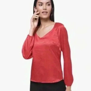 White House Black Market | Silk Red Leopard Print Long Sleeve Blouse